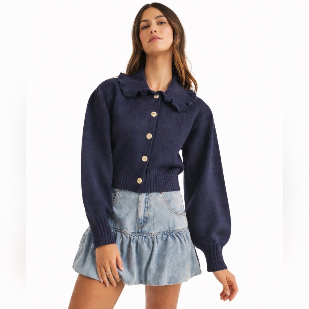 MABLE Oceana Navy Peter Pan Collar Cardigan Sweater Size S